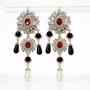 Multicolor Rhinestone Pearl Chandelier Drop Earrings Gold Tone